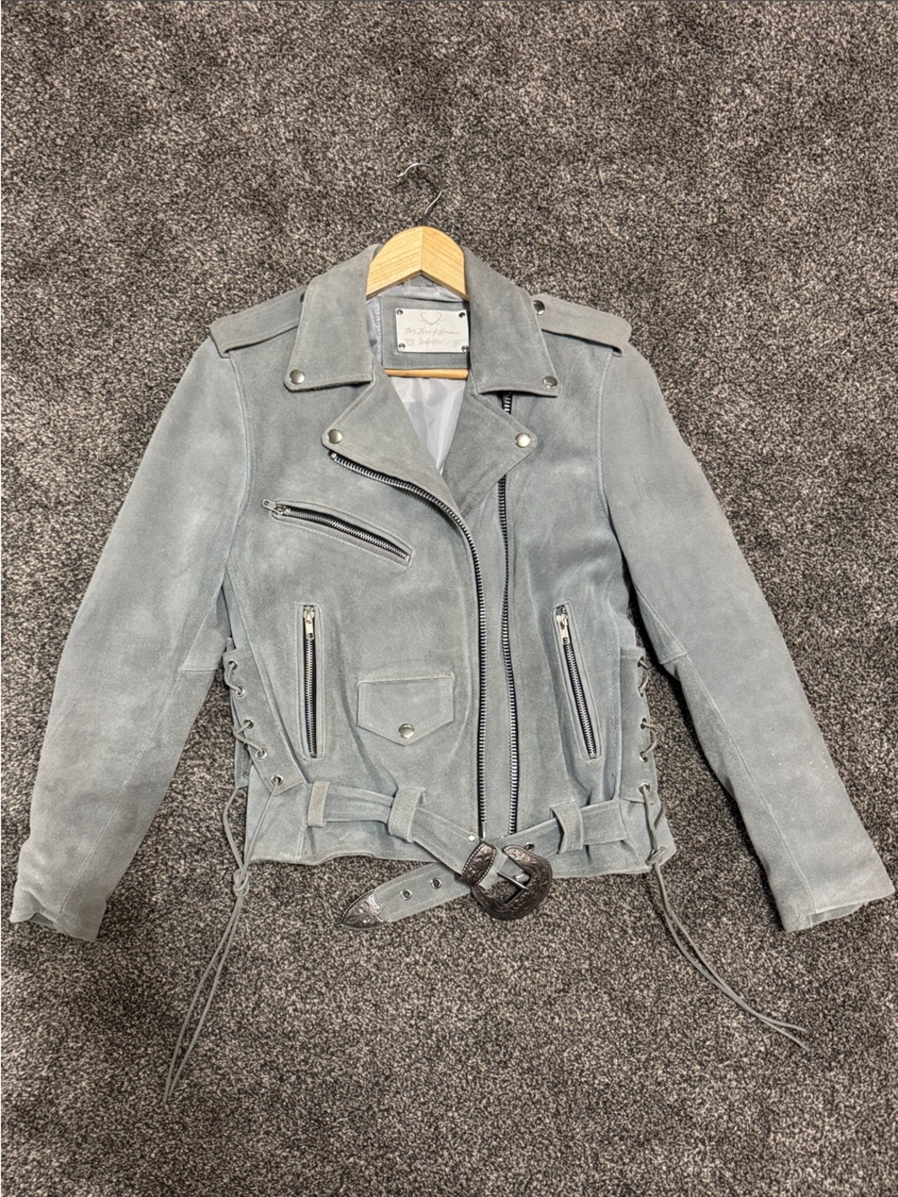 For Love & Lemons Light Gray Genuine Suede Oversized Western Moto Jacket